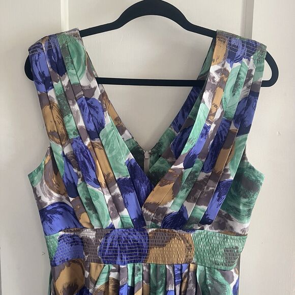 BCBG Silk Multicolor Green Floral Drape Pleated Dress Size 10 - Picture 11 of 14